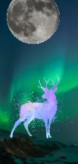 A mystical deer under the Northern Lights, with a full moon above in a dark night sky.