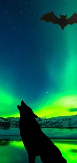 Silhouette of a wolf beneath vibrant auroras and a starlit sky.