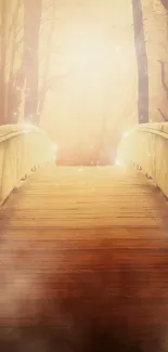 Wooden bridge in misty golden forest under soft light.