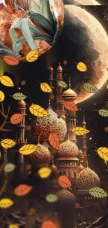 Mystical temple with autumn leaves and crescent moon on a dark wallpaper.