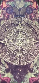 Mystical Aztec calendar wallpaper with celestial and tribal motifs.