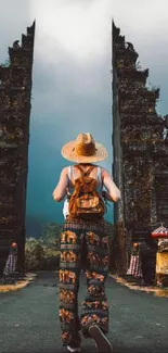 Traveler approaches Bali temple gateway under dramatic skies.