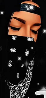 Mysterious figure with bandana in starry black background.