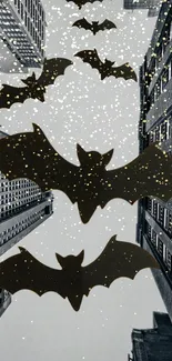 Bats flying over a gray urban cityscape with sparkling night lights.