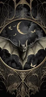 Mystical bat with moon over gothic background.