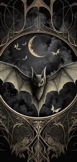 Mystical bat and moon design with gothic elements.