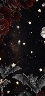 Mystical wallpaper with bats, stars, and dark florals.