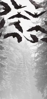 Bats flying over a snowy forest in winter