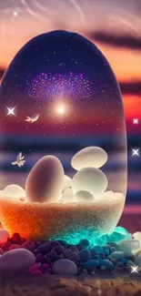 Dreamlike egg with ocean and sunset backdrop