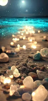 Moonlit beach with glowing stones and turquoise water.