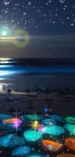 Night beach with glowing stones and starry sky.