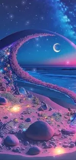 A mystical beach with celestial designs in a vibrant night scene.