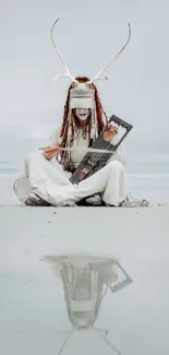 Mystical figure with instrument on beach reflecting in water.