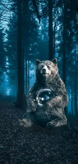 Mystical bear holding a glowing orb in a dark forest, ideal for nature lovers.