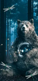 Bear holding orb in mystical forest with dragonflies.