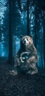 Bear holding glowing orb in mystical forest.