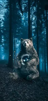 Bear with crystal ball in mystical forest.