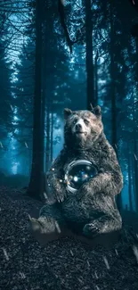 Bear holding sphere in mystical forest at night with teal hue.