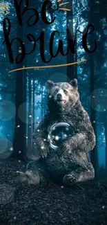 Mystical bear holding globe in enchanted forest wallpaper.