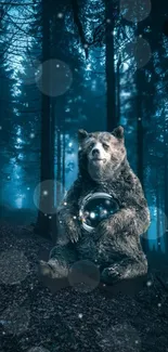 Bear holding glowing orb in a mystical forest with ethereal blue tones.