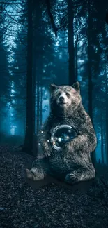 Bear with glowing orb in a mystical forest setting.