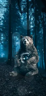 Bear in a mystical forest holding a crystal ball at night.