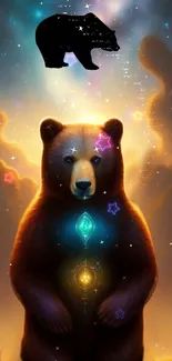 Mystical bear with a galaxy and stars background in an amber hue.