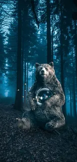 Mystical bear holding orb in enchanted, blue-lit forest.