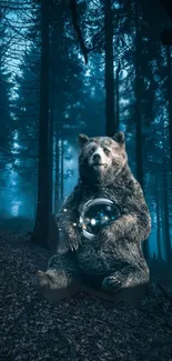 Bear with a glowing orb in a mystical forest, blue-toned mobile wallpaper.