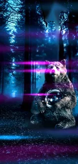 Mystical bear holding a sphere in a neon-lit forest.