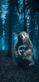 Mystical bear with a glowing orb in a dark, enchanted forest.