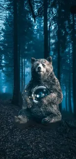 Bear holding a glowing orb in a dark forest setting.