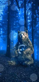 Bear holding a crystal in a magical nighttime forest setting.