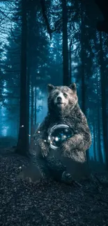 Mystical bear holding an orb in a dark enchanted forest.