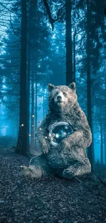 A mystical bear in a deep blue enchanted forest.