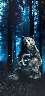 Bear in mystical forest holding a glowing sphere.