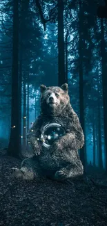 Bear in a mystical forest with a glowing orb, creating a magical atmosphere.