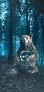 Bear holding glowing orb in enchanted forest.