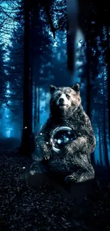 A mystical bear holding a glowing orb in a dark enchanted forest.