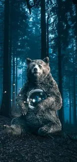 Bear holding a globe in a dark, mystical forest setting.