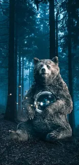 Bear holding a glowing orb in an enchanting forest.