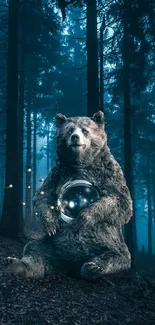 A mystical bear holding a glowing orb in a blue forest.