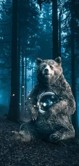 A mystical bear holding a glowing orb in an enchanted forest, ideal for mobile wallpaper.