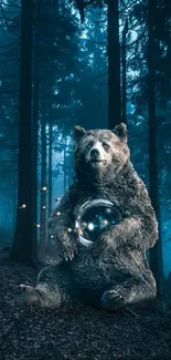 Bear with glowing orb in a dark forest landscape.