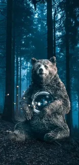 Bear with orb in a mystical, dark teal forest setting.