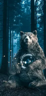 Mystical bear with orb in a teal forest