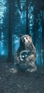 Mystical bear holding orb in dark forest.