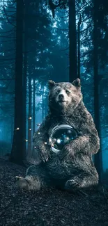 Bear with glowing orb in a mystical forest setting.