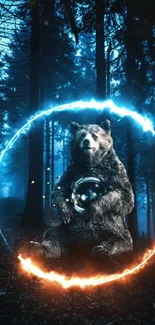 Bear in forest with glowing neon ring, nighttime scenery.