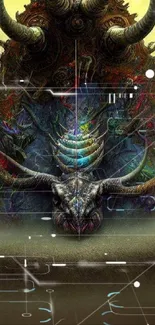 Mystical horned beast with vibrant colors on a dark olive background.